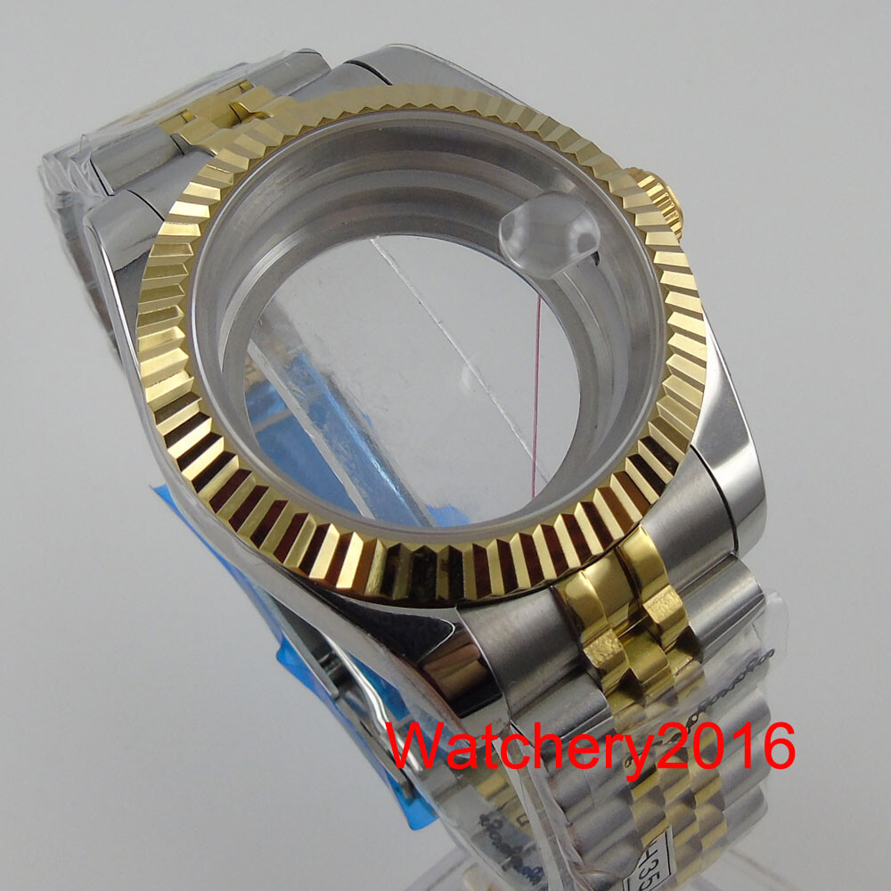 39mm Two Tone Gold Watch Case Fluted Bezel See-though Glass Back Fit NH35 miyota