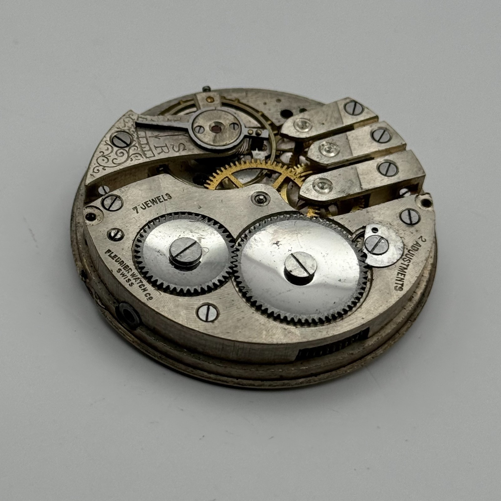 Fleurier Pocket Watch Movement Open Face Sub Seconds 7 Jewels 2 Adj Parts 41mm