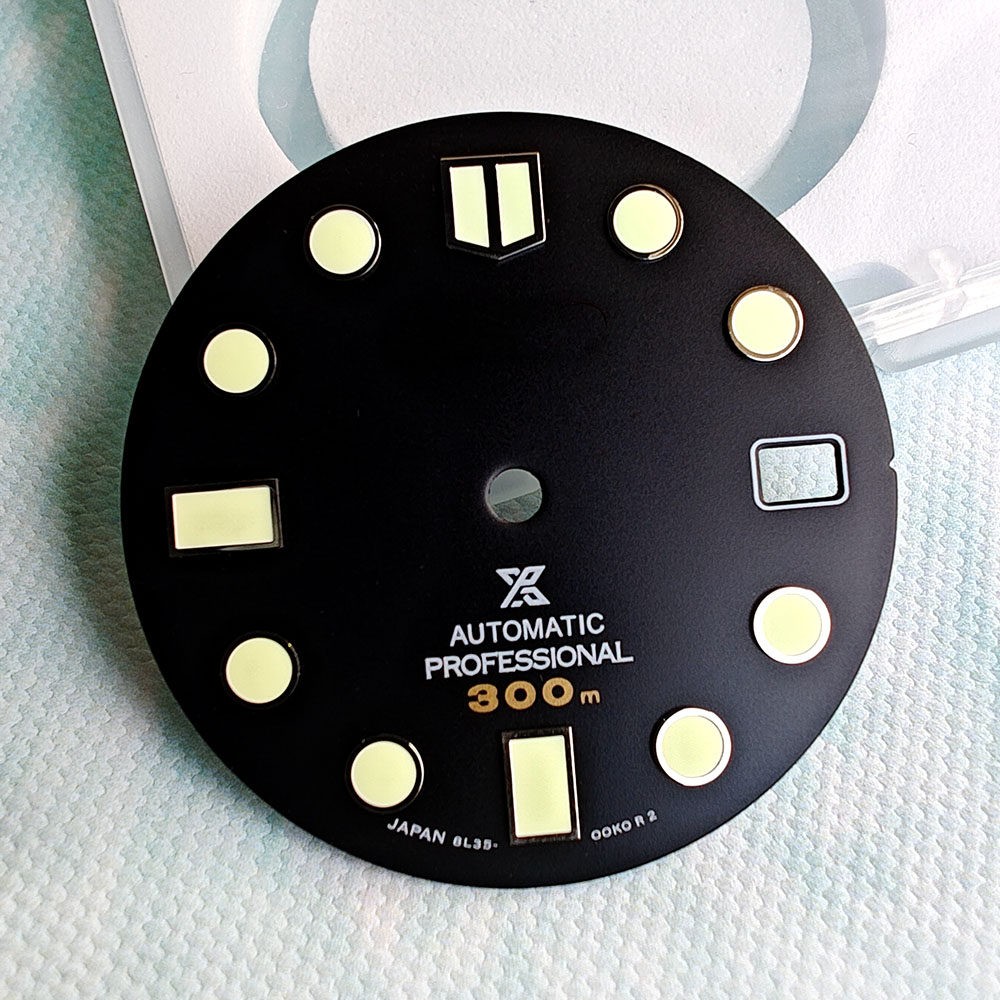 28.5mm Dial, Black Japanese C3 Green Luminous Modified Dive Watch Parts