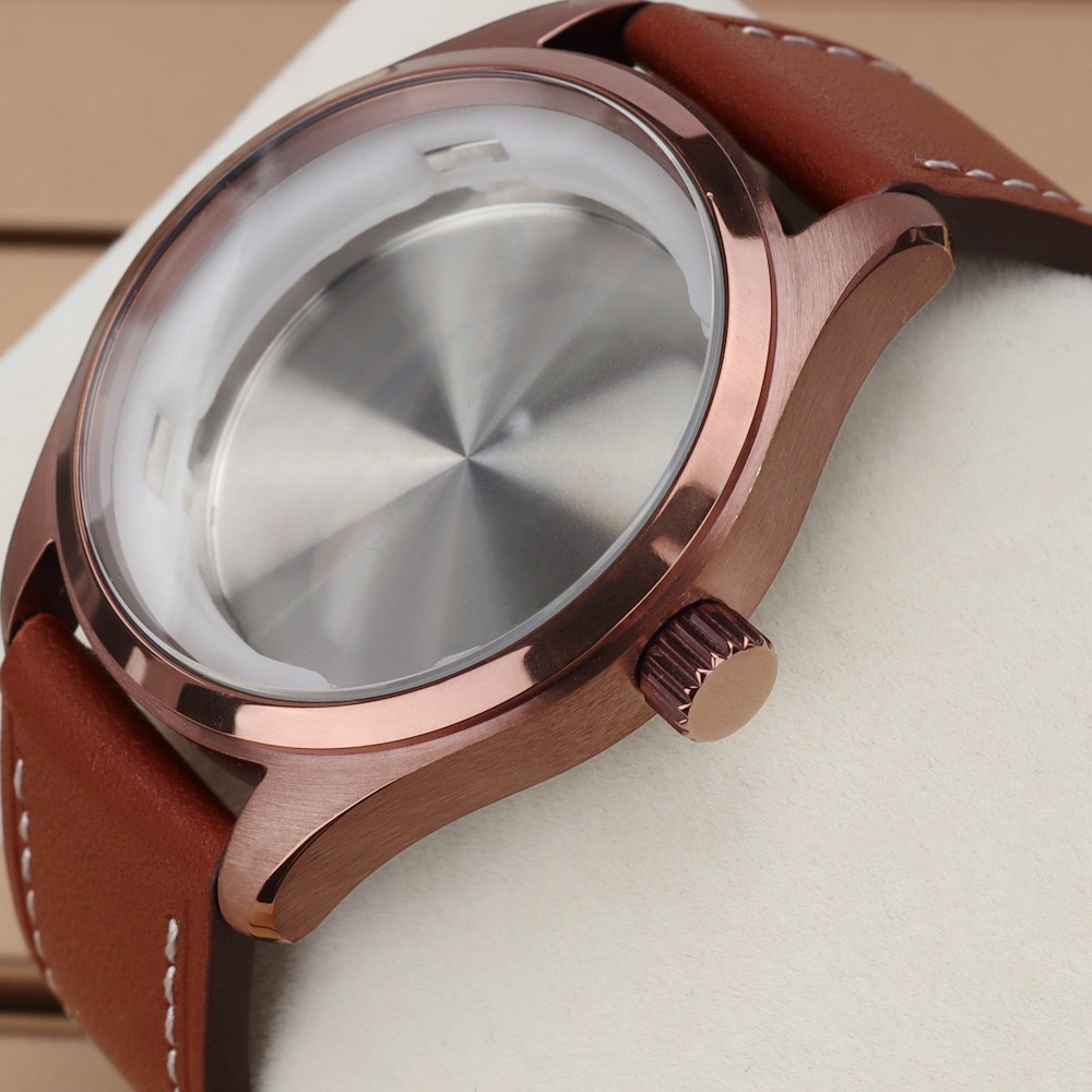 40mm Rose Brushed Watch Cases Calfskin Strap Pin Buckle For Seiko NH35 ETA 2824