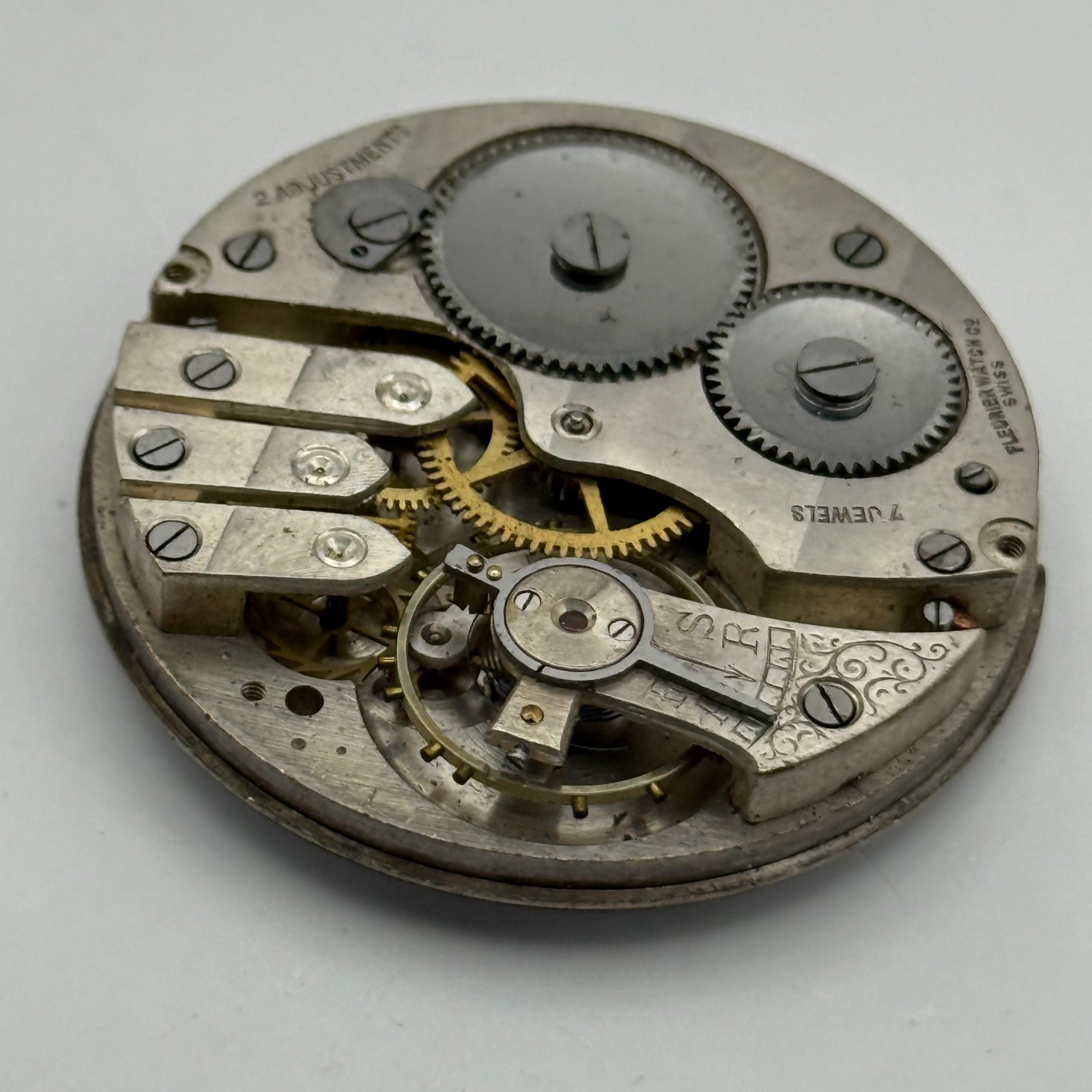 Fleurier Pocket Watch Movement Open Face Sub Seconds 7 Jewels 2 Adj Parts 41mm