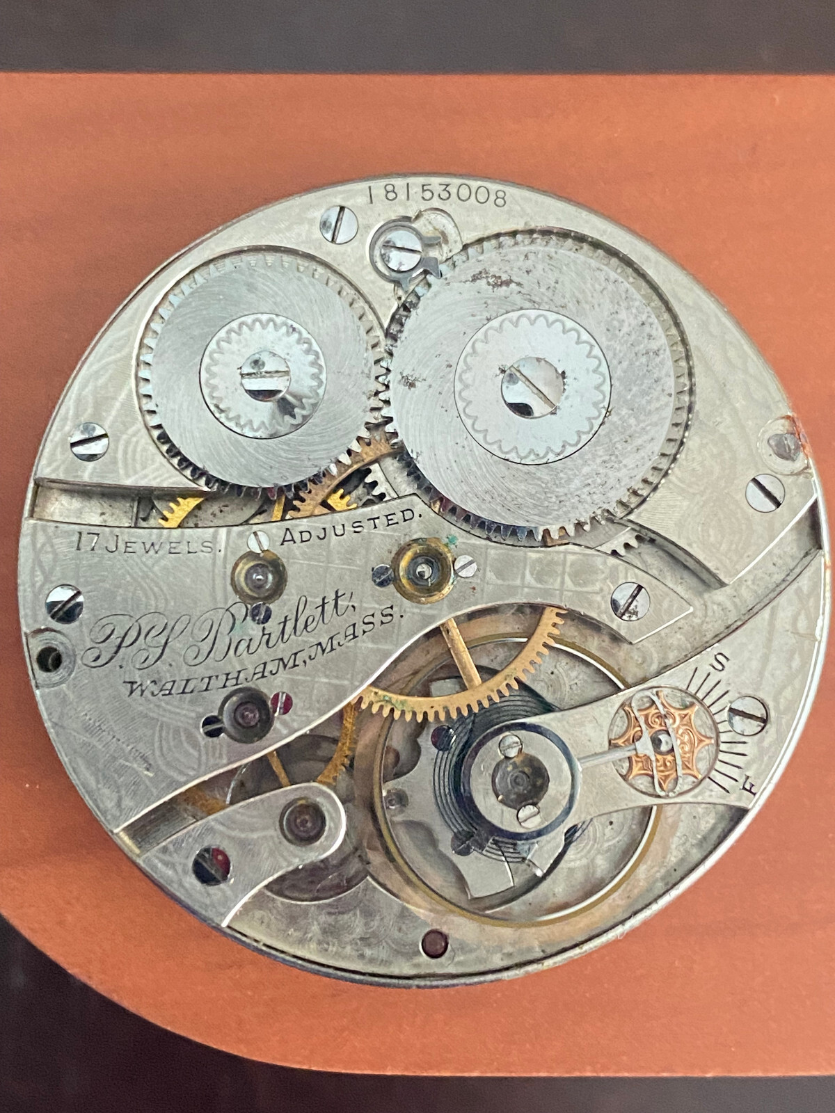 VINTAGE 16S WALTHAM POCKET WATCH MOVEMENT,GR. P.S. BARTLETT, M# 1908 RUNNING
