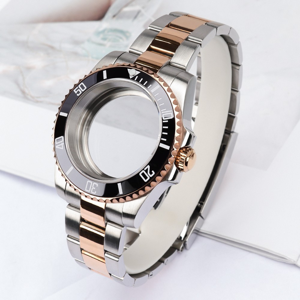 40mm Pilot Watch Case+Oyster Bracelet Everose Gold Steel For Japan NH35 ETA 2824