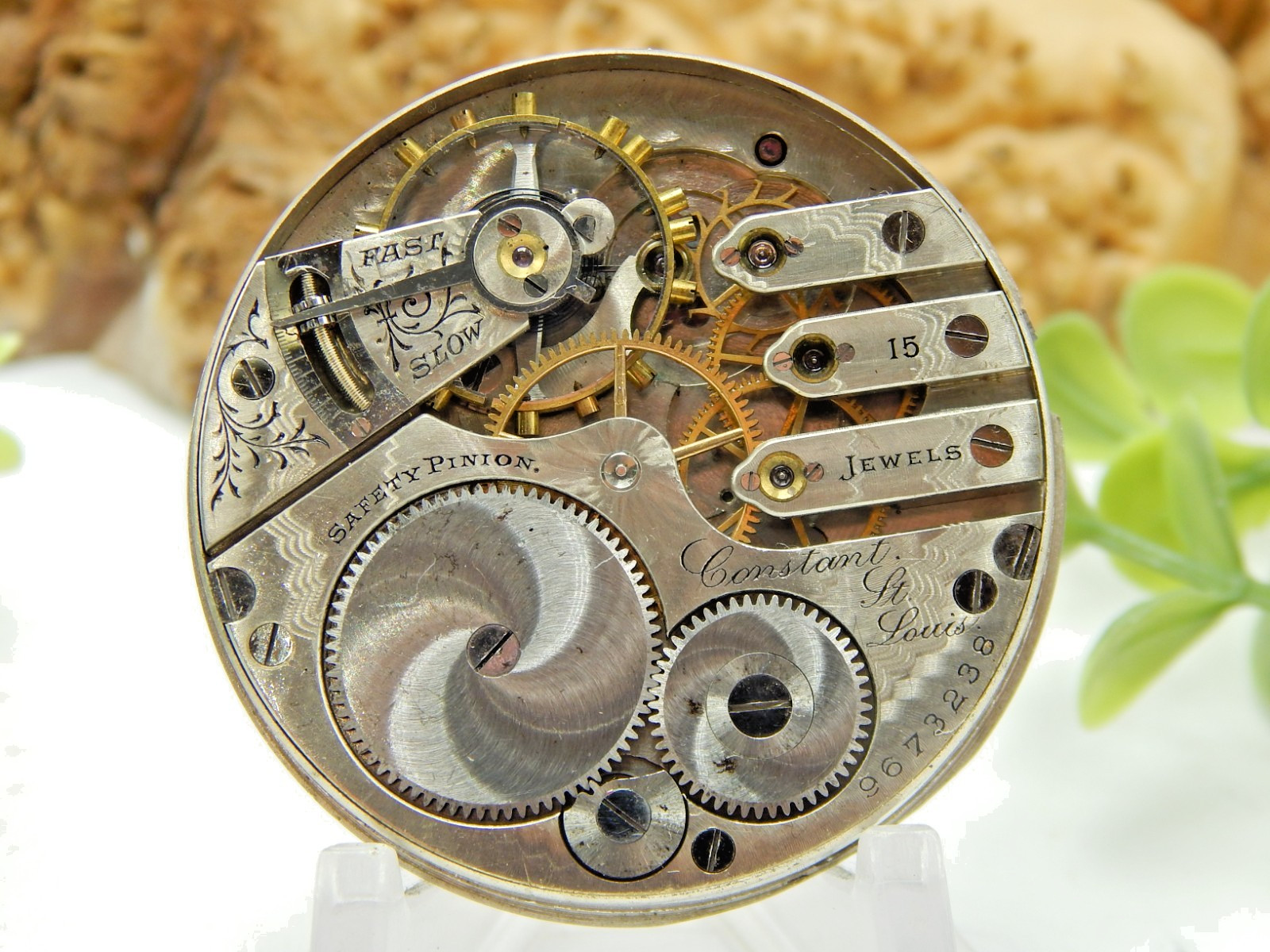 Antique Pocket watch movement Elgin GR 247 3 finger Pr Label St Louis Constant