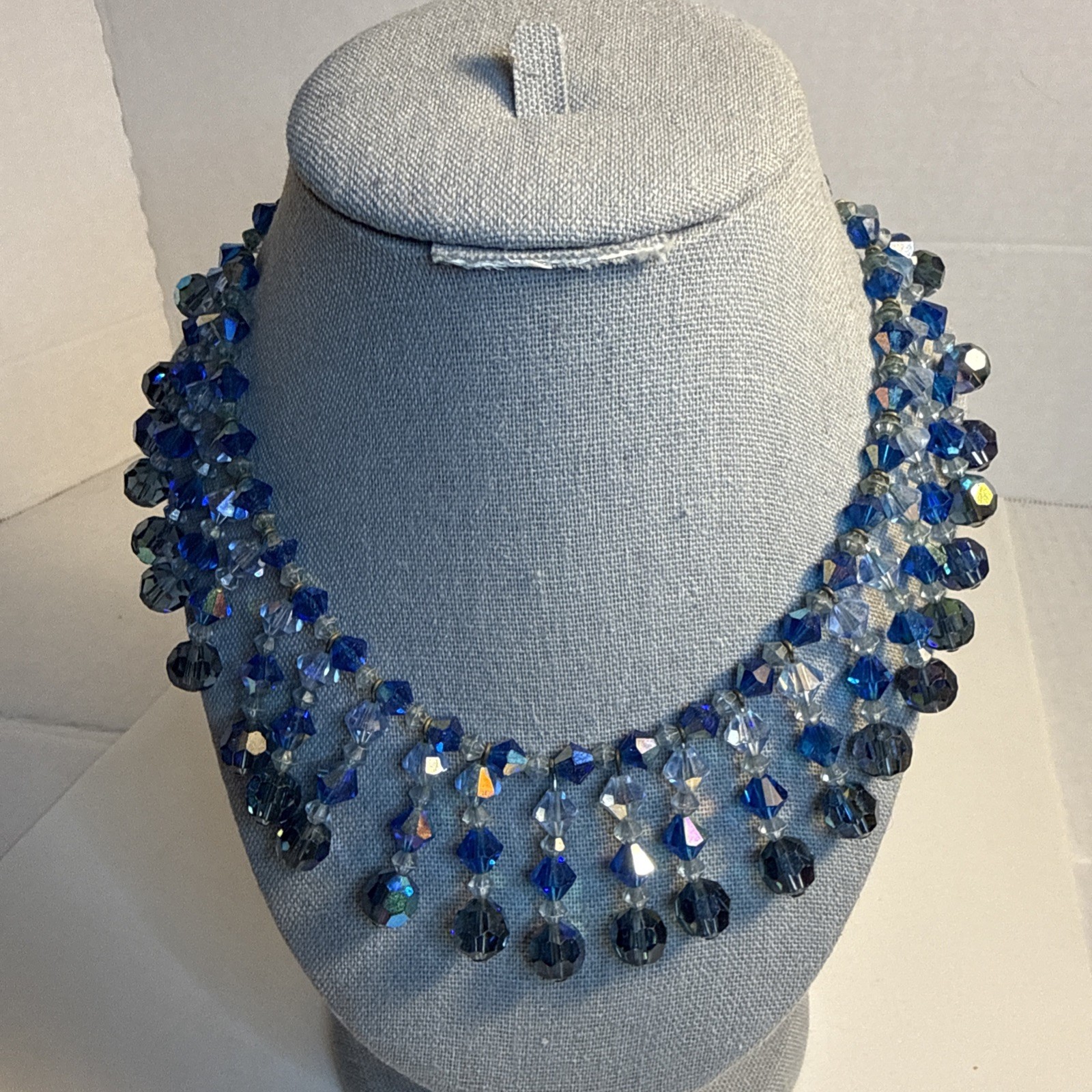 Vintage Blue Glass Or Crystal Borealis Choker Necklace Beautiful 15” 50s