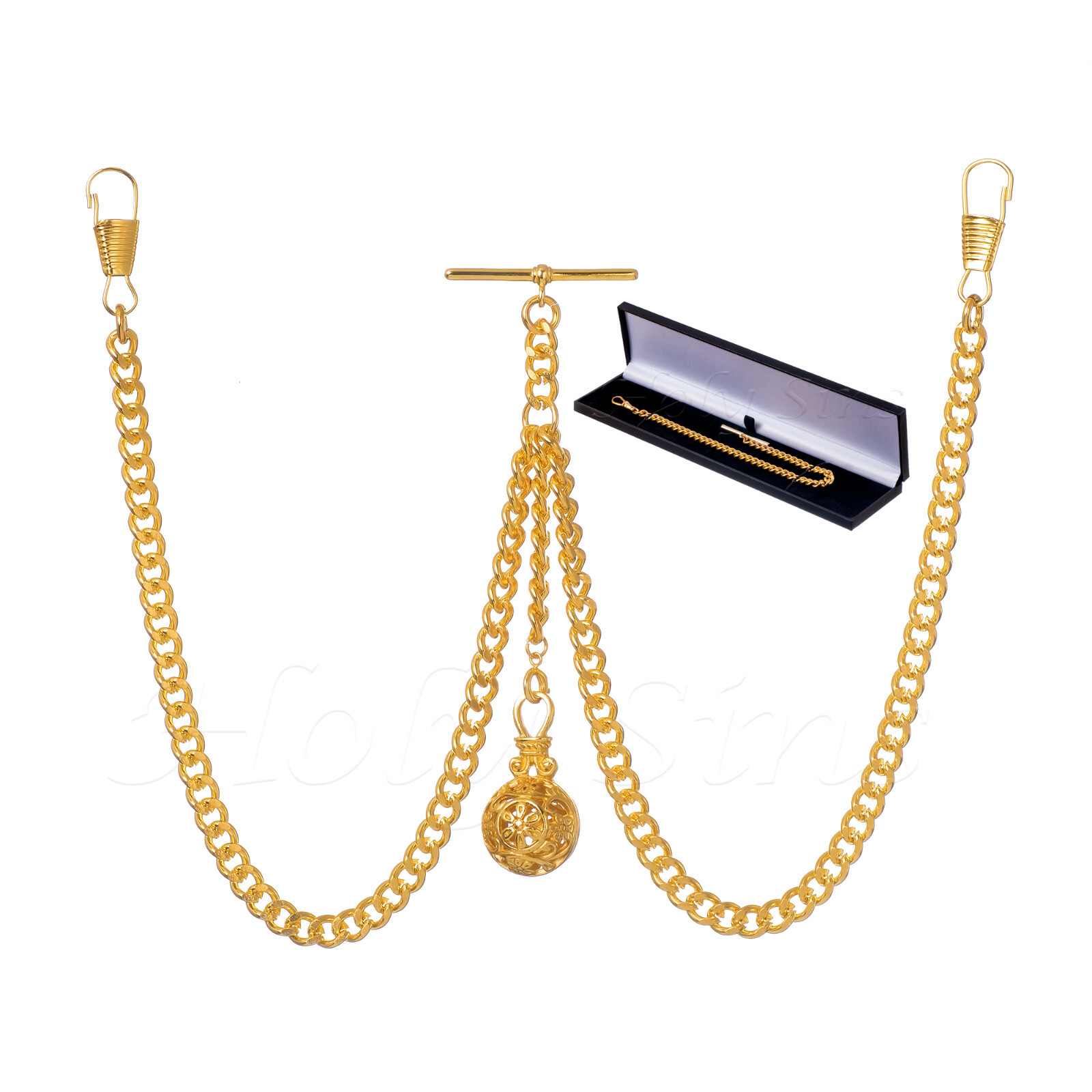 Brand New Gold Colour Double Albert Pocket Watch Fob Chain With Hollow Pendant