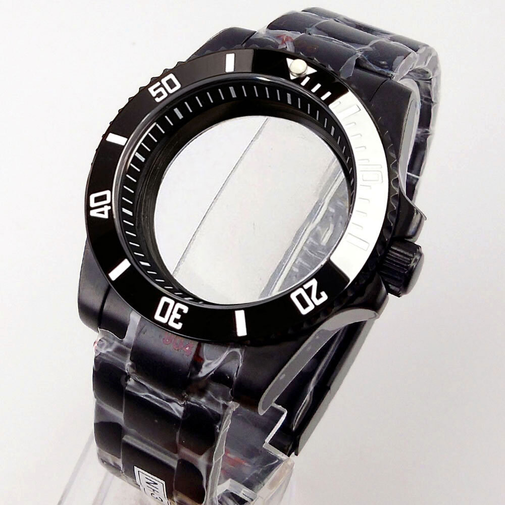 40mm Black PVD Sapphire Glass Watch Case Fit NH35A NH36A ETA2824 PT5000 Rubber