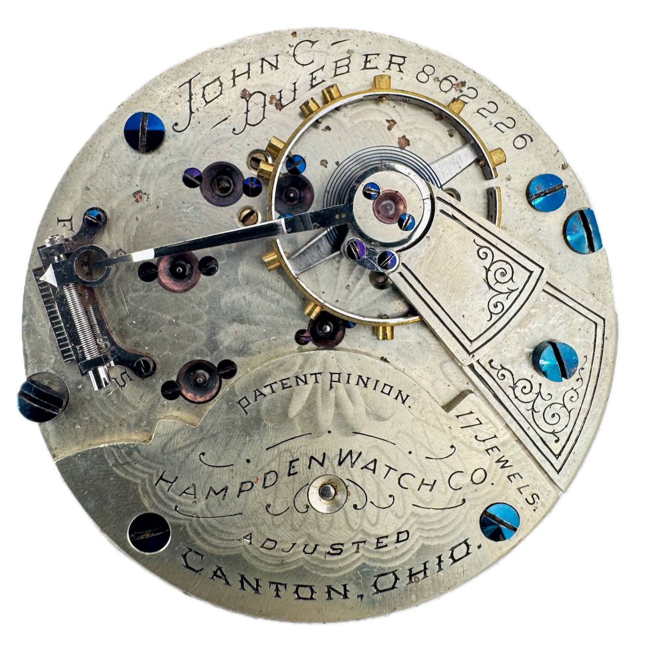 Antique 18s 1894 Hampden 17j Railroad Pocket Watch Movement John C. Dueber USA