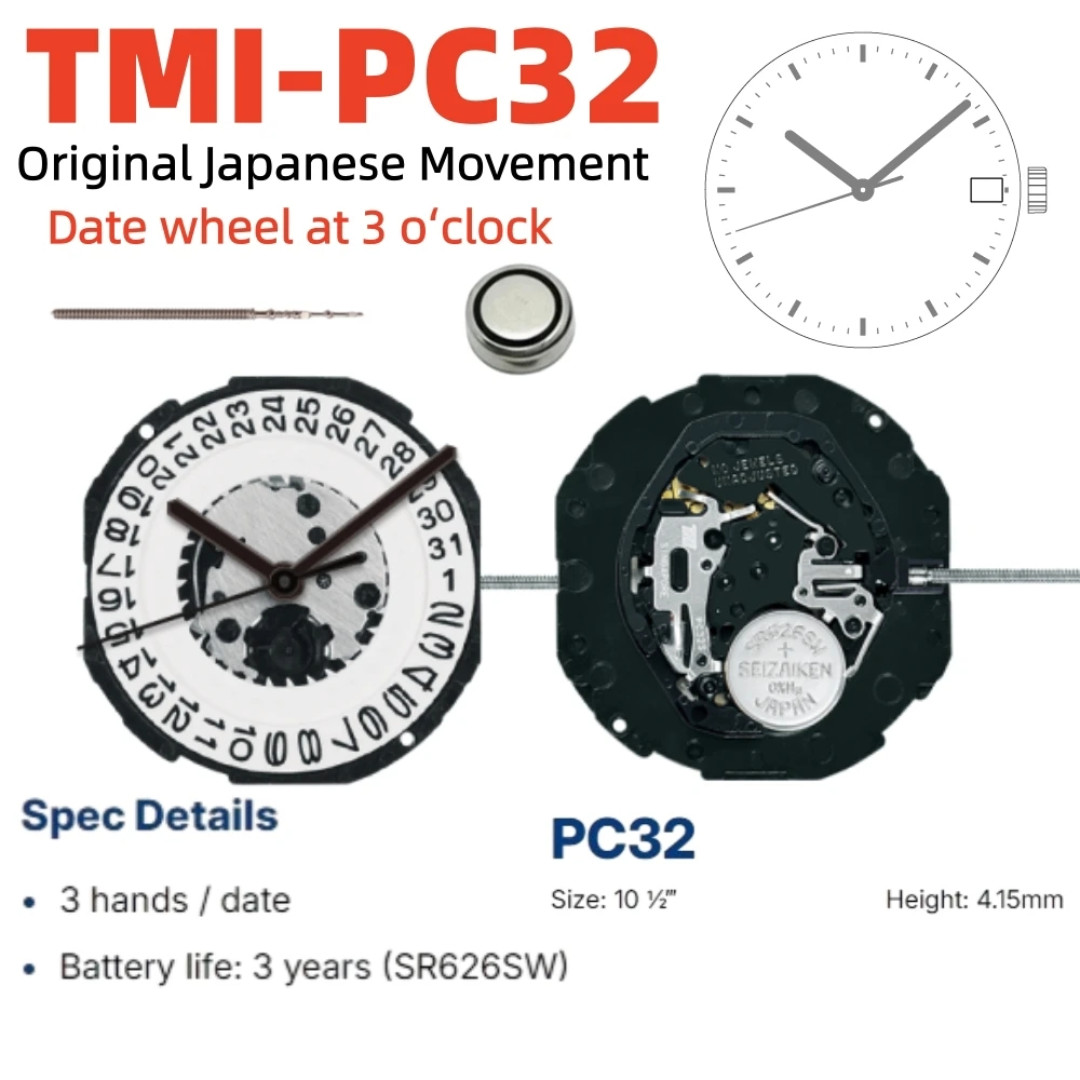 Original TMI PC32A Quartz Watch Movement 3-Hand Date at 3 4 6 Casing Replacement