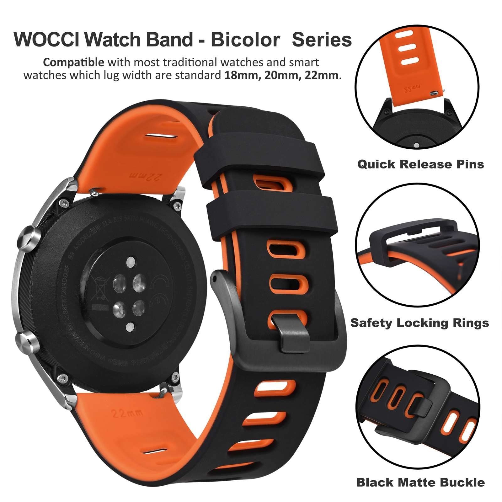 WOCCI 22mm Bicolor Watch Band, Silicone Rubber, Quick Release Replacement Str…