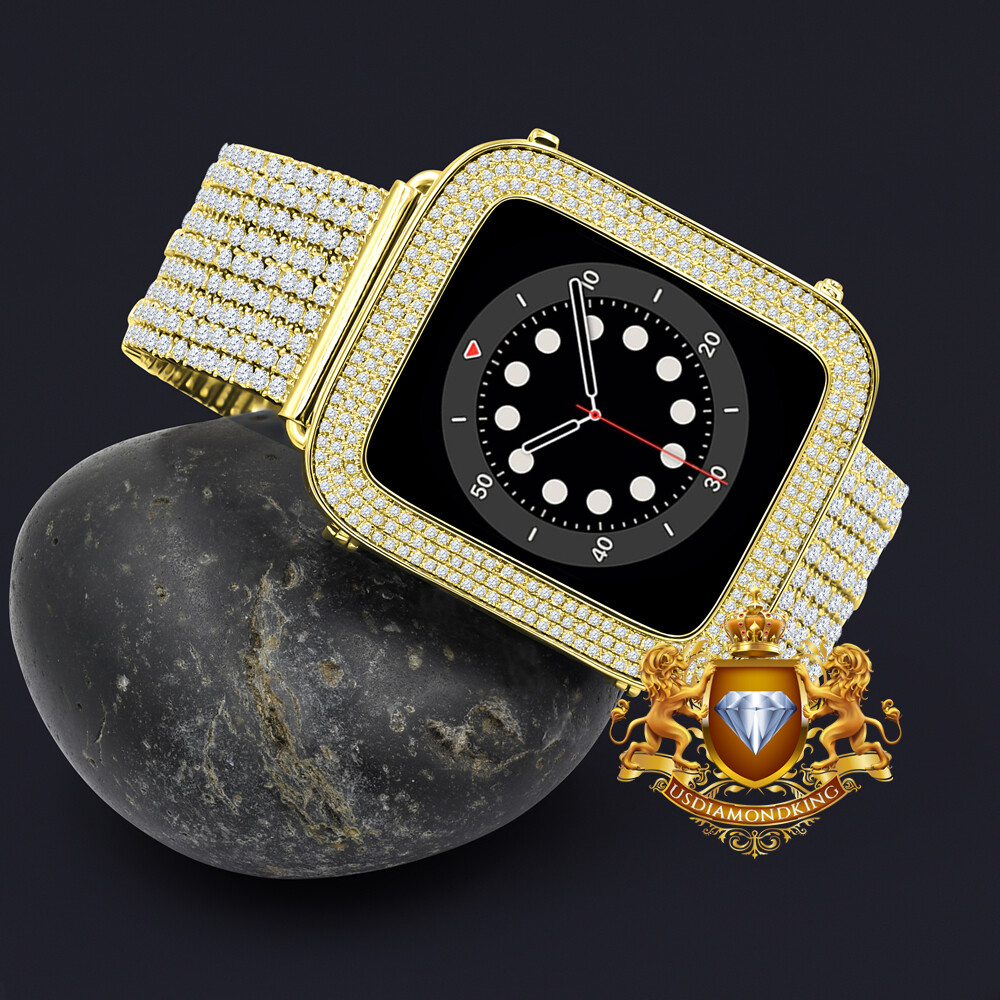 Gold Tone Apple Watch Custom Micro Pave Bezel & Band Combo Set 44mm Fit # 4,5,6