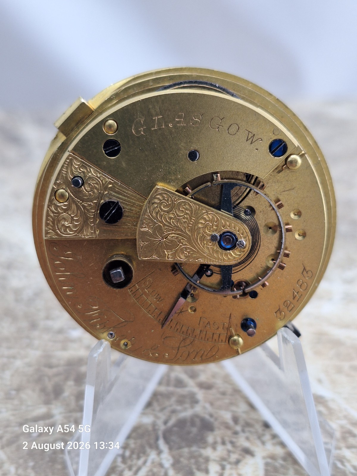 J Fisher of Glasgow Scottish Chain Fusee KW 15 J. Pocket Watch Movement 1874