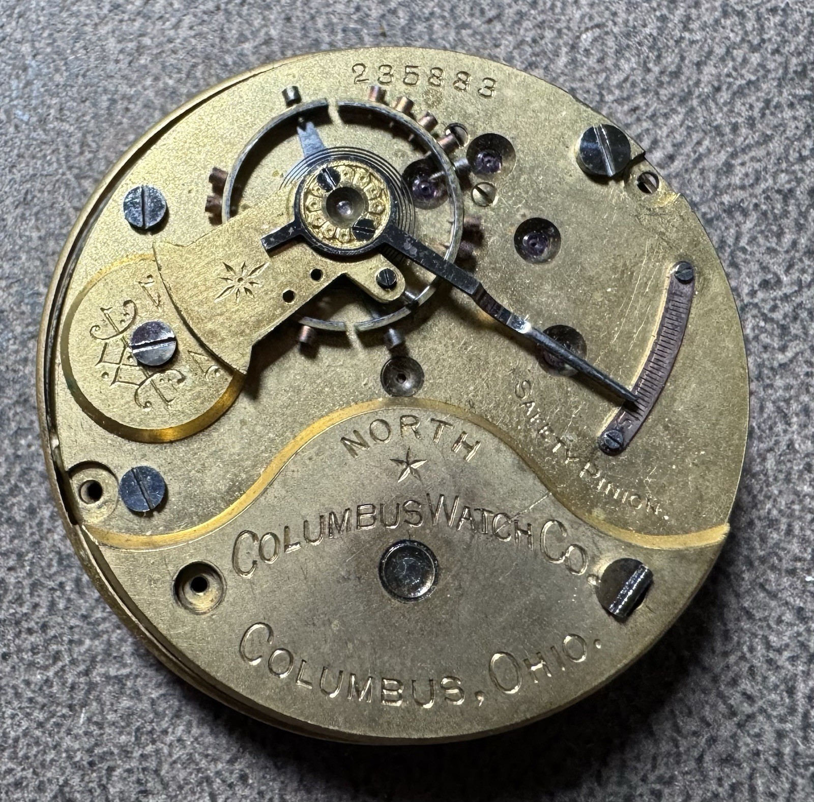1892 COLUMBUS NORTH STAR 18S 11J PW PS POCKET WATCH MOVEMENT & DIAL