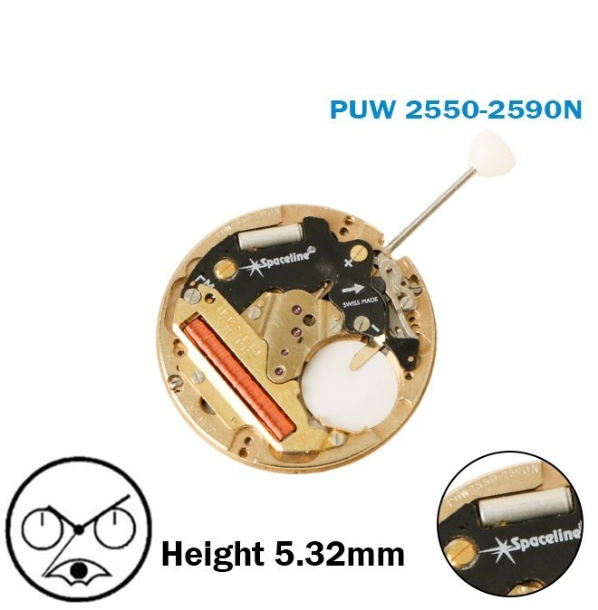 PUW 2550-2590N Swiss Chronograph Movement, 3 Hands with Moon Phase, NOS,H:5.32mm
