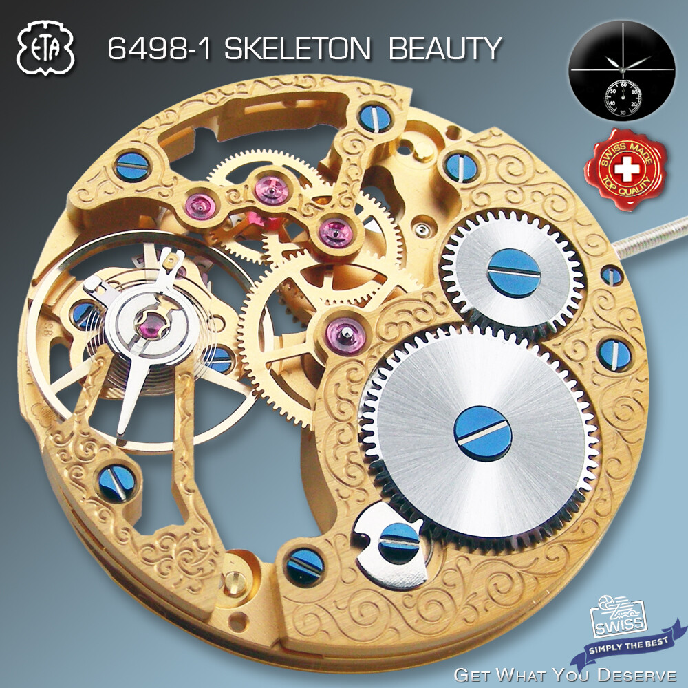 MOVEMENT ETA UNITAS 6498-1, TRADITIONAL SKELETON BEAUTY, GOLD, SWISS