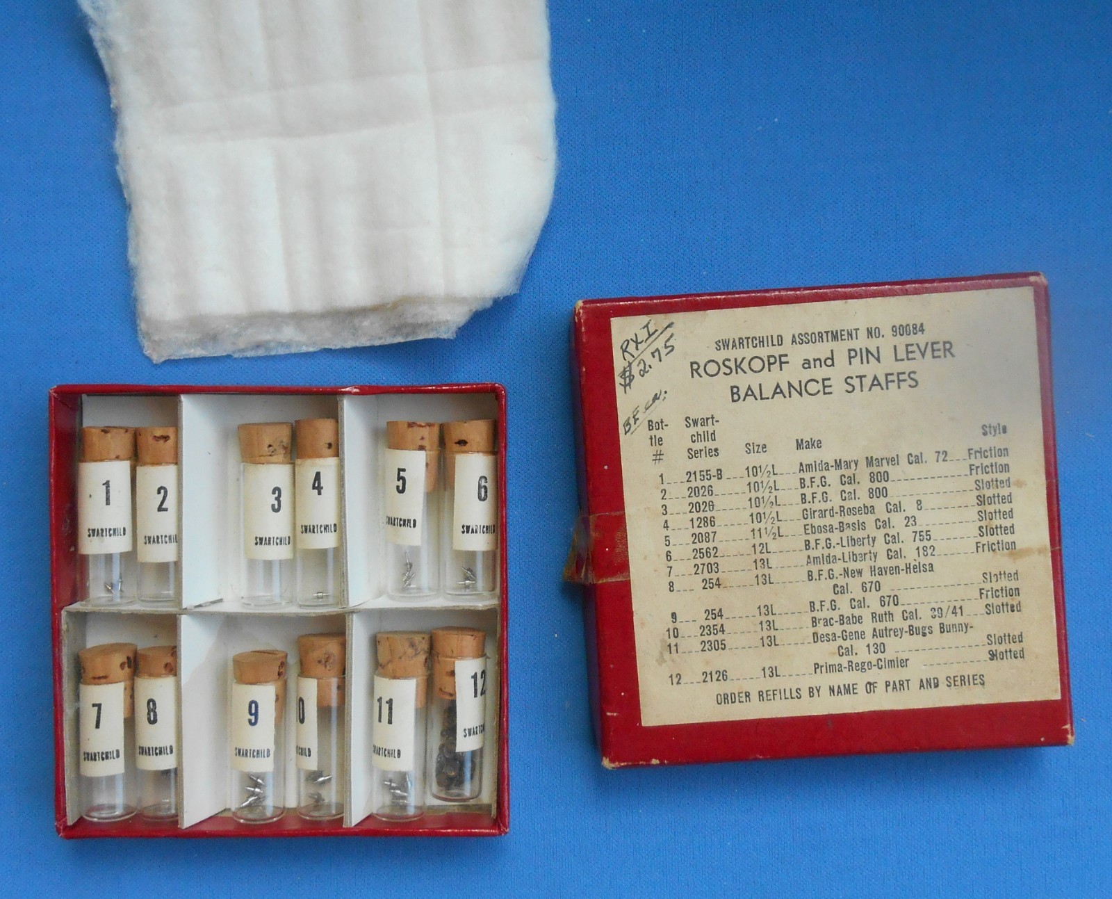 Vintage Watch Swartchild & Co Balance Staff Assortment, 12 glass vials, box