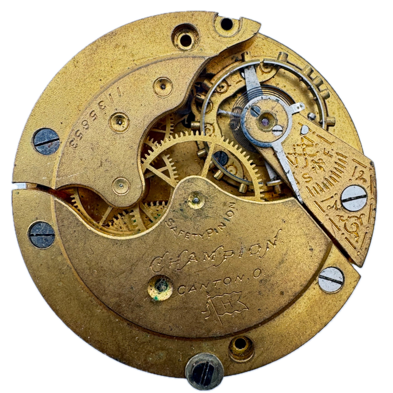 Antique 16s 1898 Hampden 7 Jewel Pocket Watch Movement Champion H USA