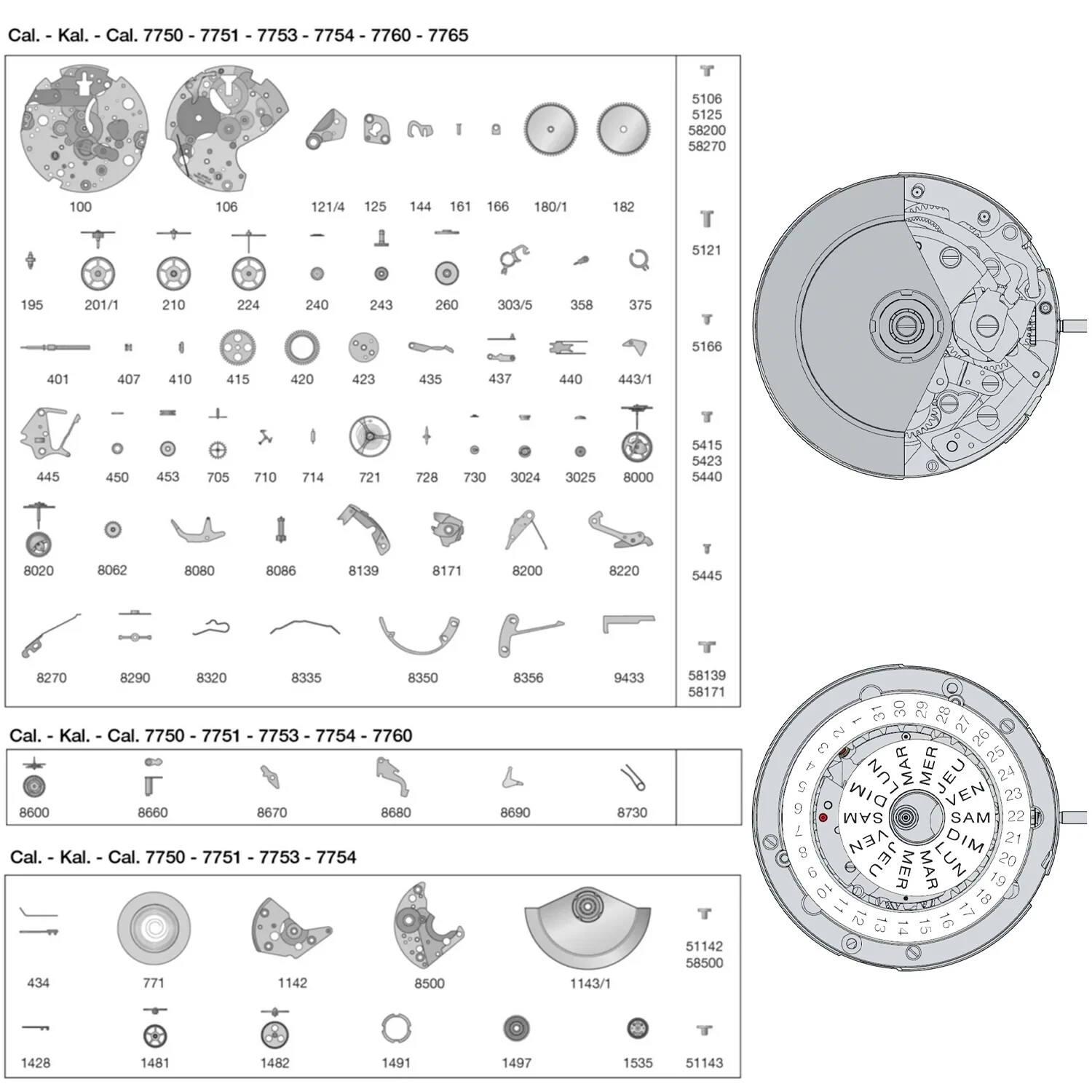 NEW ETA 7750 Watch Parts (Wheels, Pinions, Springs, Bearing, Levers, and more)
