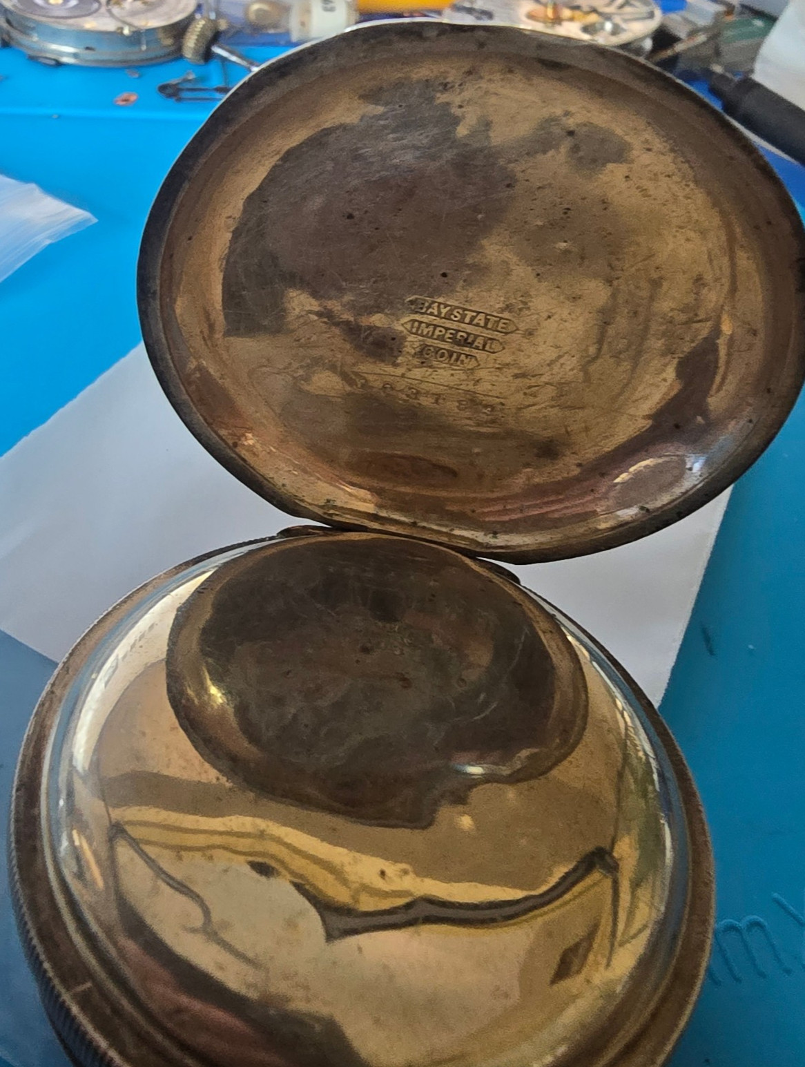 VINTAGE 18 SIZE BAYSTATE 3OZ COIN SILVER POCKET WATCH CASE PENDANT & LEVER SET