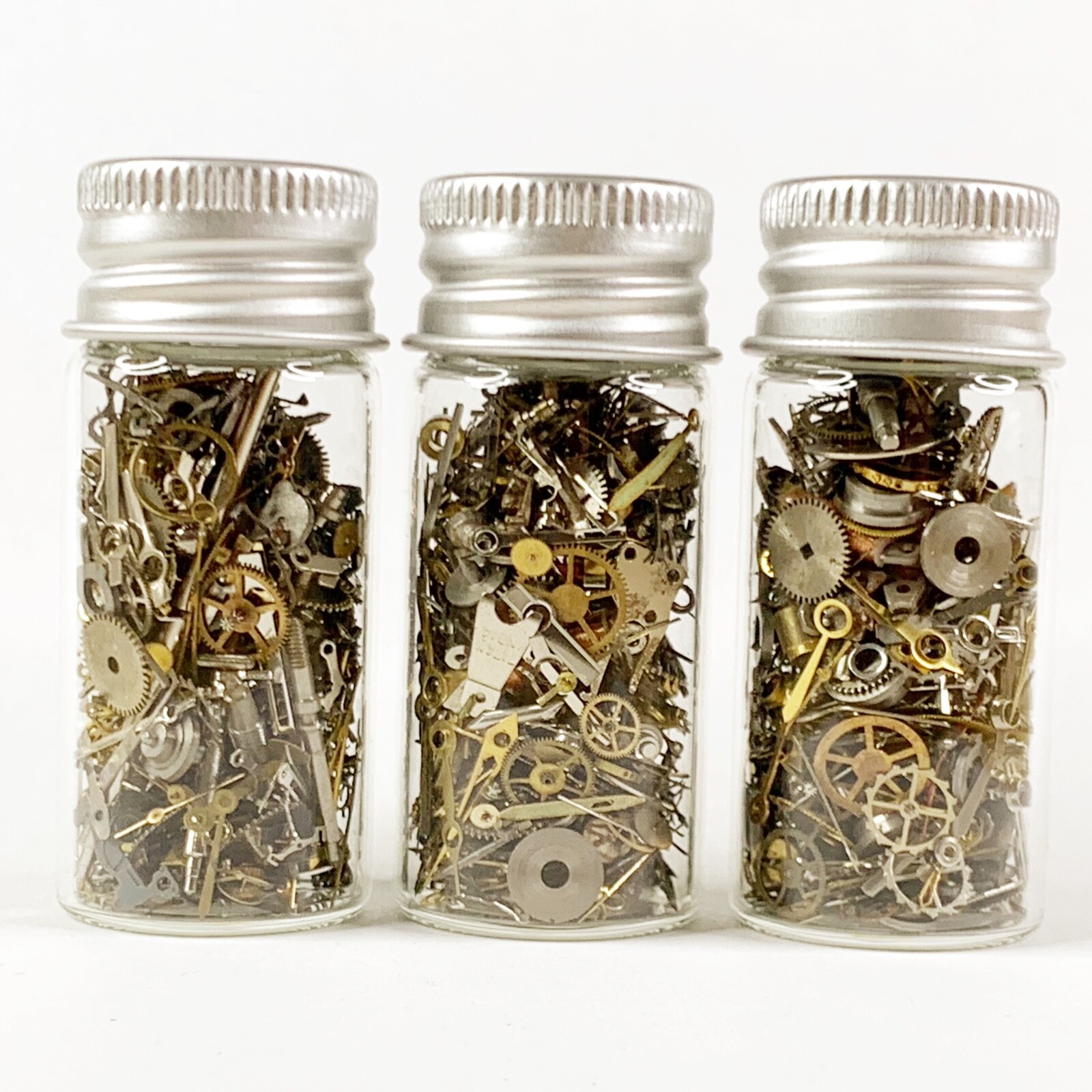 Steampunk GIFT 50 Gram Lot Watch Parts 3 Glass Bottles Box Card Wheels Gears Art