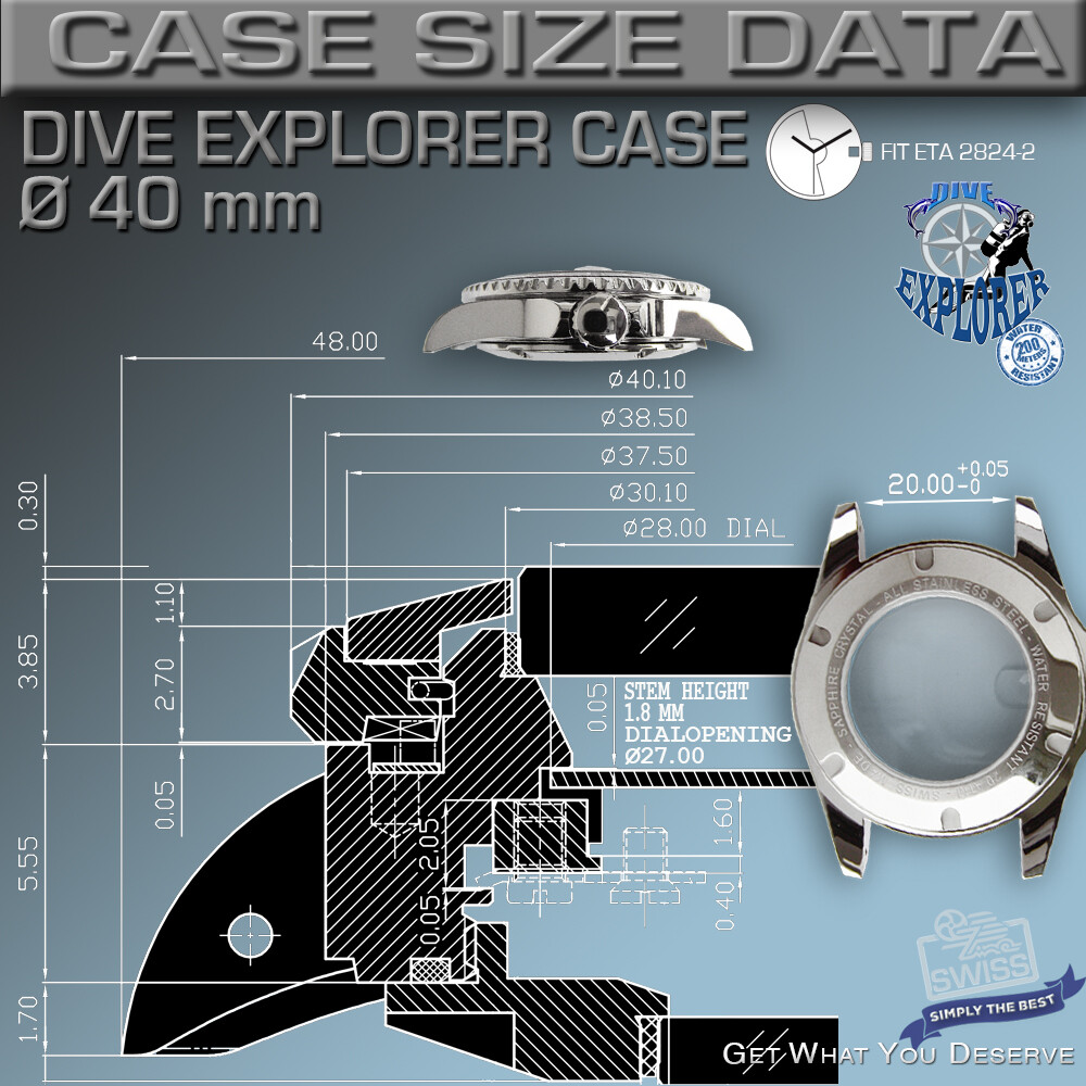 WATCH CASE SUBMARINE DIVE EXPLORER fit ETA 2824, SW200, Ø 40 MM, 200M w.r.