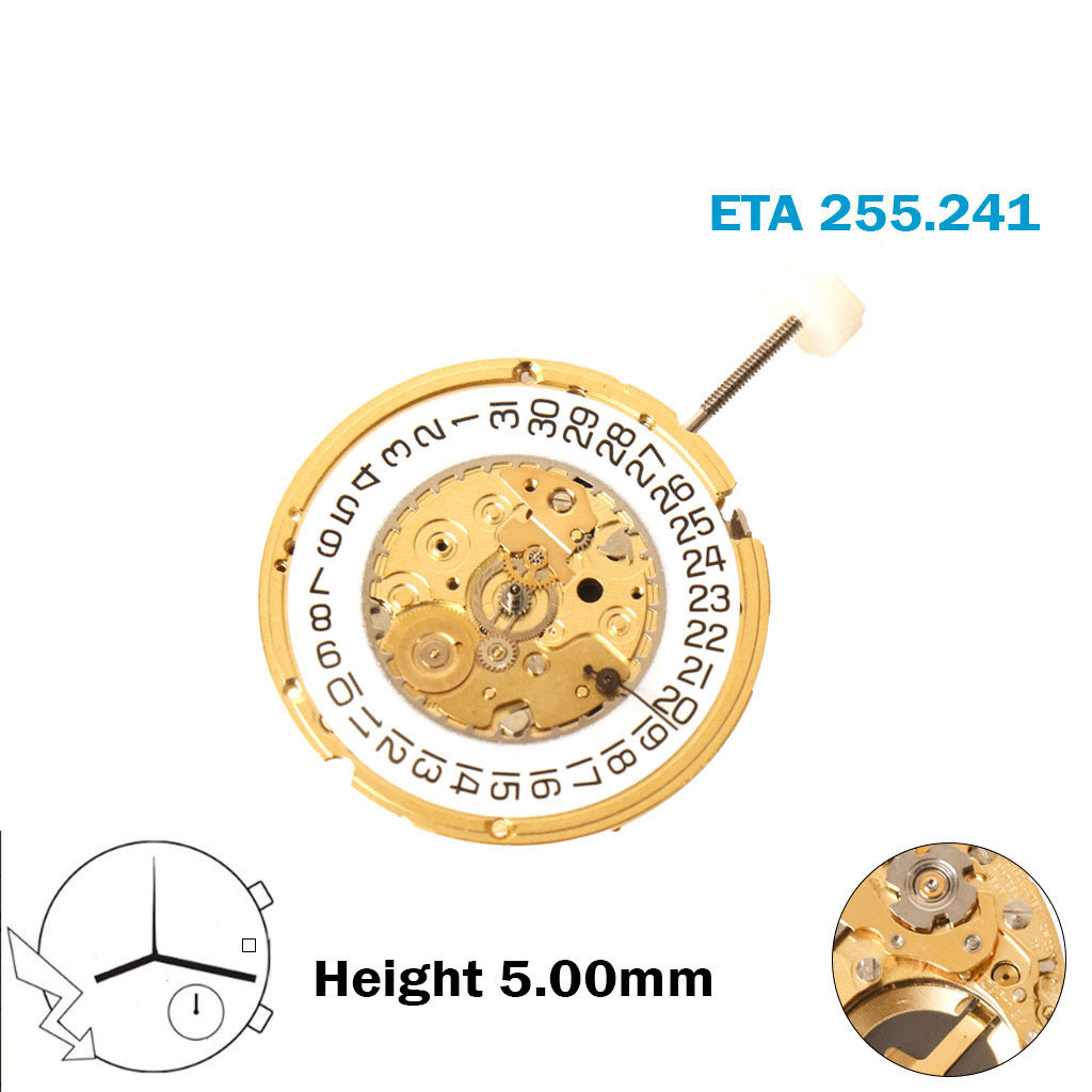 ETA 255.241 Swiss Movement-3 Hands-White Date Disk At 3-Without Hour Wheel.