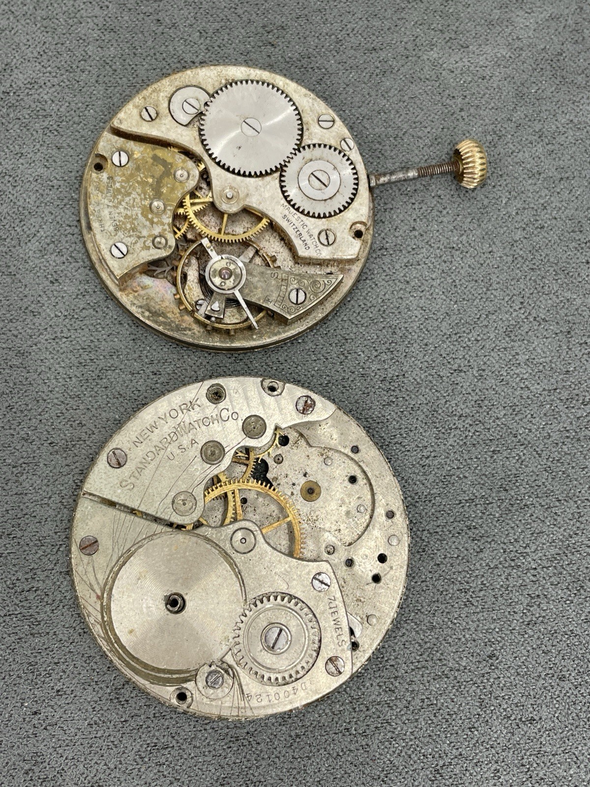 Watchmaker Parts Lot # 7 Movements, 8 Day Plate, Cases. Waltham, NY Standard, Et