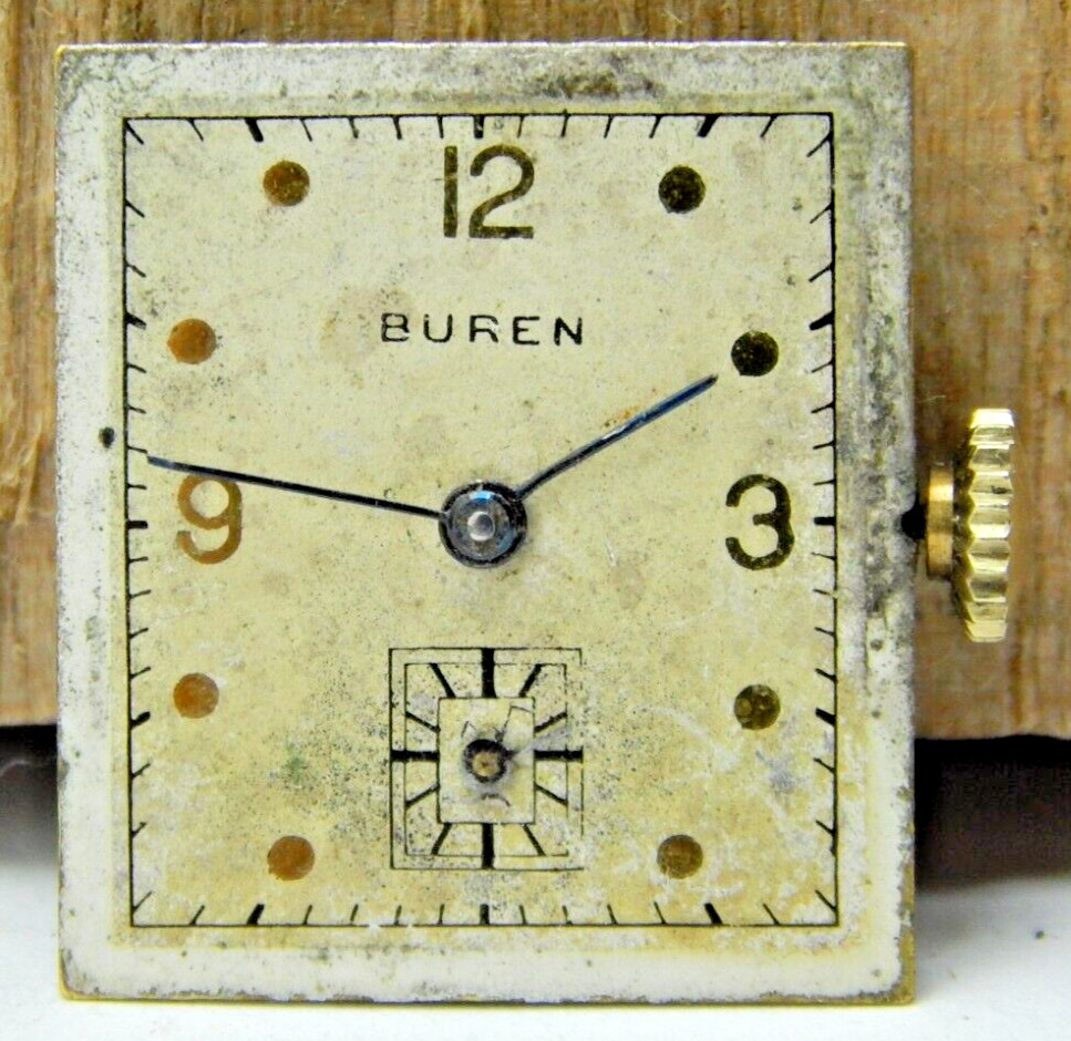 Vintage Buren 17 jewel men’s wrist watch movement with dial, hands and crown