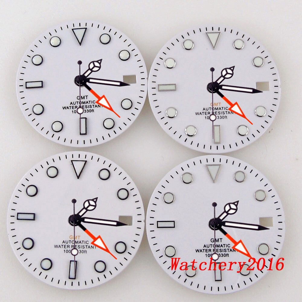 29MM Green Luminous White Watch Dial Fit NH34 NH34A GMT Automatic Mens watch
