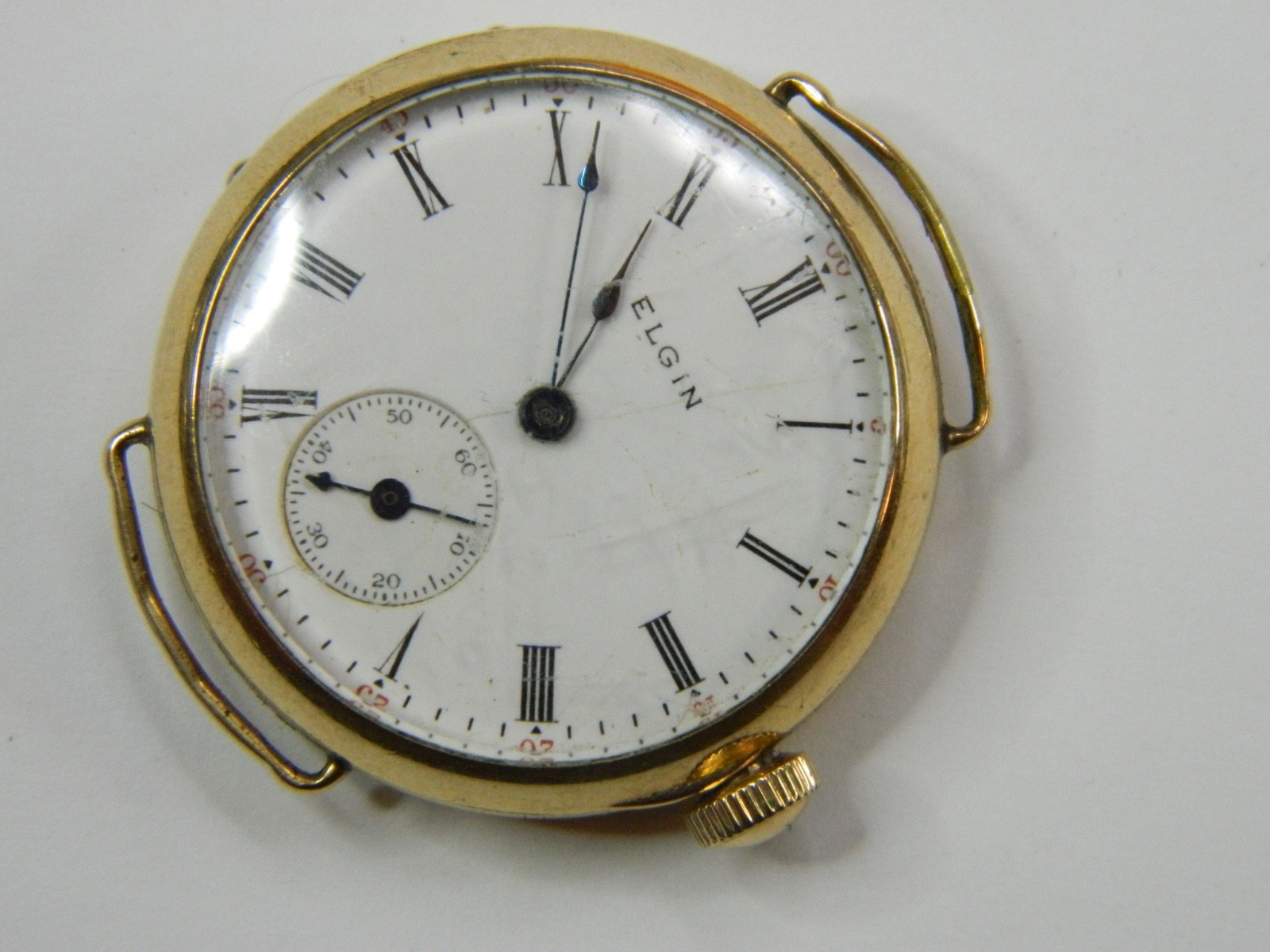 1908 PRE-WW1 ELGIN 0S 10K GOLD FILLED WIRE LUGS TRENCH WATCH – FINE CASE -REPAIR