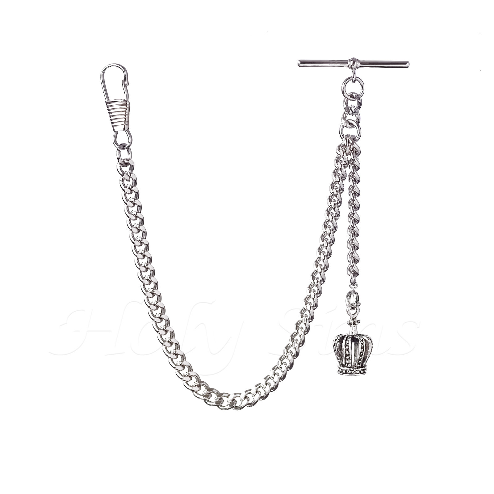 Silver Colour Single Albert Pocket Watch Chain With Crown Pendant 024-S