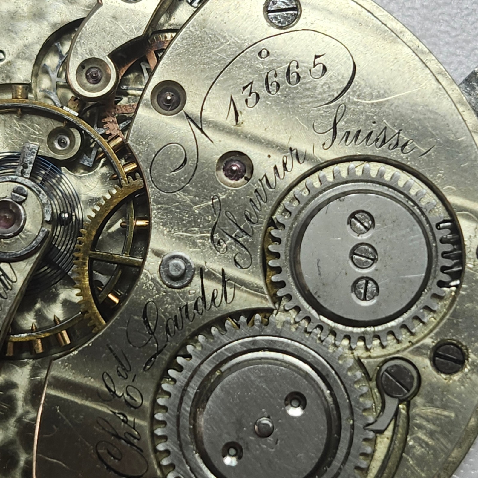 Antique Ch. Ed. Lardet Fleurier Swiss Pocket Watch Movement & Silver Floral Dial