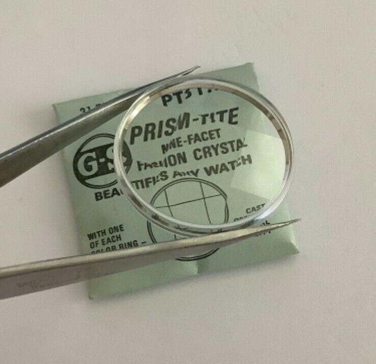GS PT PRISM-TITE 9 FACET FASHION WATCH CRYSTAL w/ring NOS (16mm to 35.8mm)