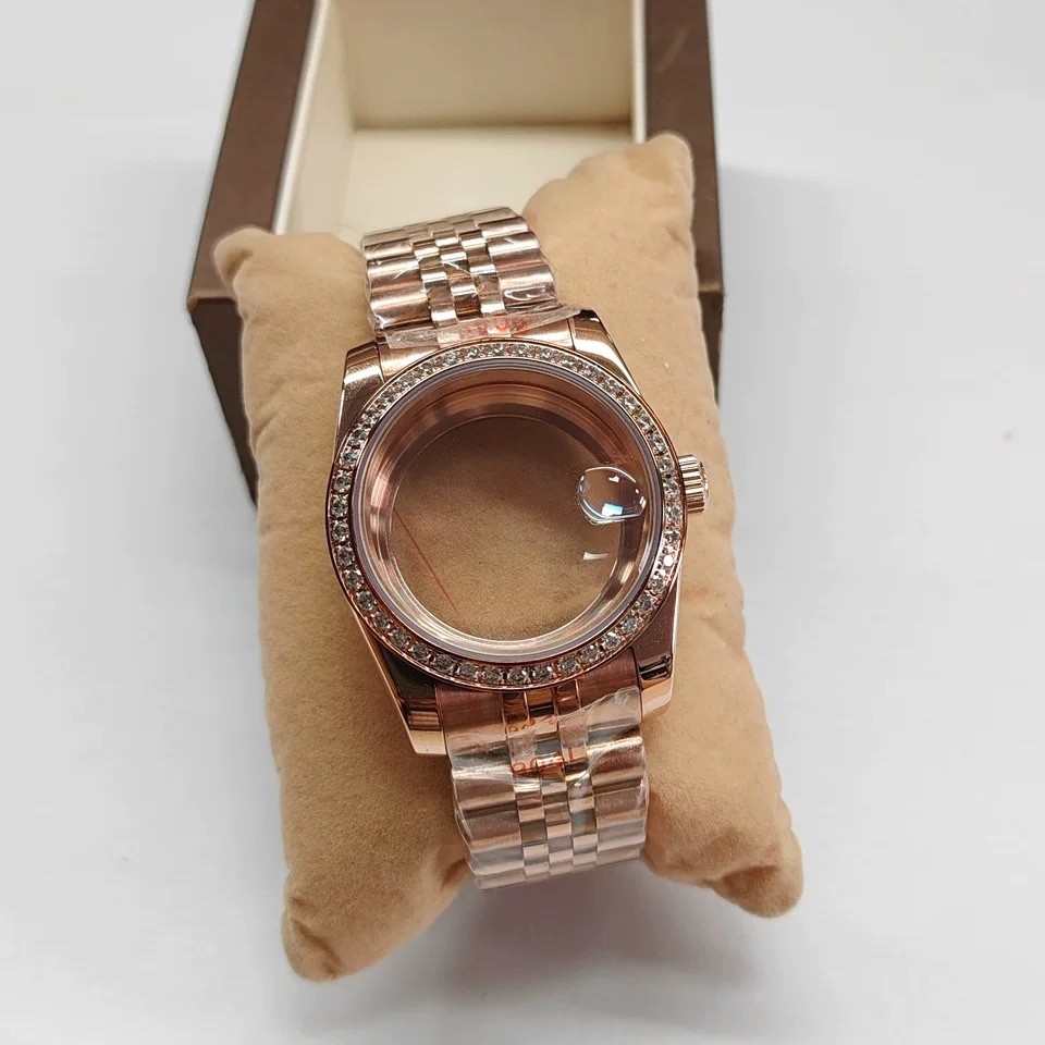 36mm Stainless Steel Rose Gold Watch Case Diamond Bezel + Jubilee Bracelet NH35