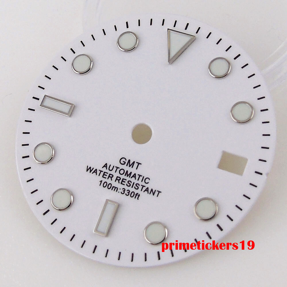 29mm White Watch Dial Date Black Orange Hands Luminous Fit NH34 GMT Movement
