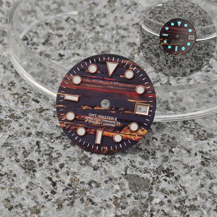 28.5mm GMT Bark Grain Watch Dial Blue Luminous Date for Nh34 Nh35 Nh36 Movement
