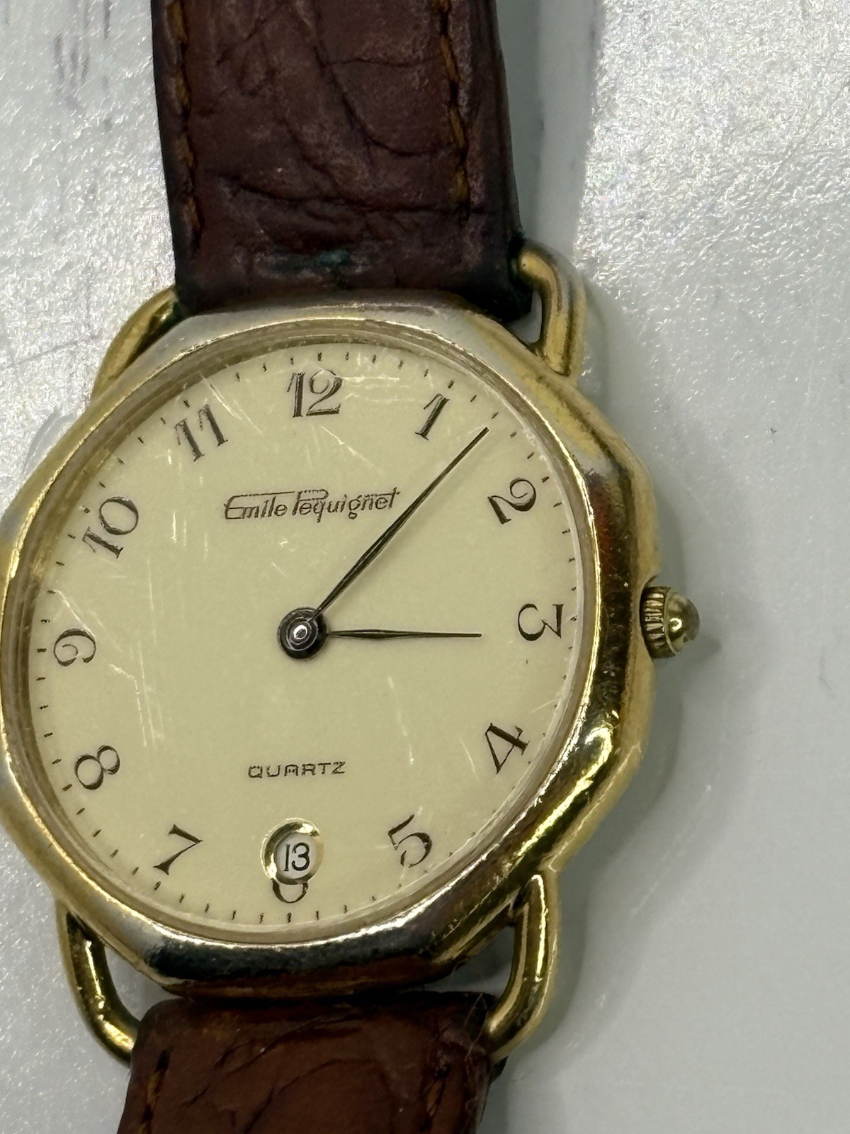 VINTAGE WOMEN WRIST WATCH QUARTZ Emile Pequignet DATE Leather Strap Rome