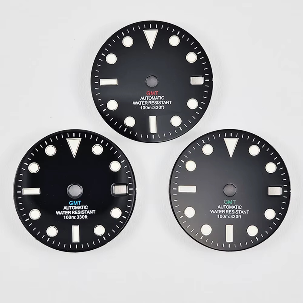 GMT 28.5Mm NO Logo Gloss Watch Dial White Black Mark Blue Green Luminous Fit NH3