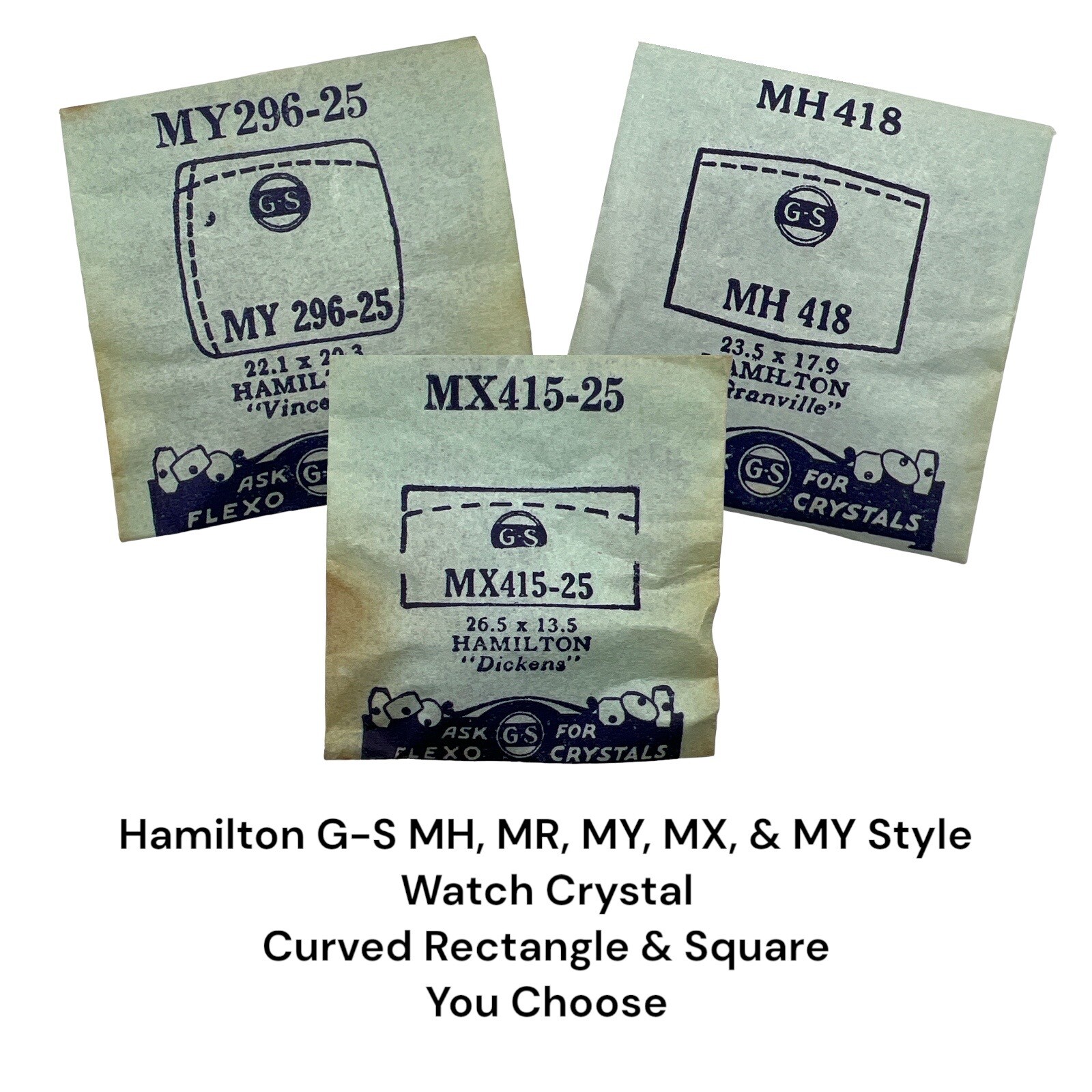 Hamilton Watch Crystal x 1 G-S MH, MR, MT, MX, MY Curved Rectangle & Square VTG