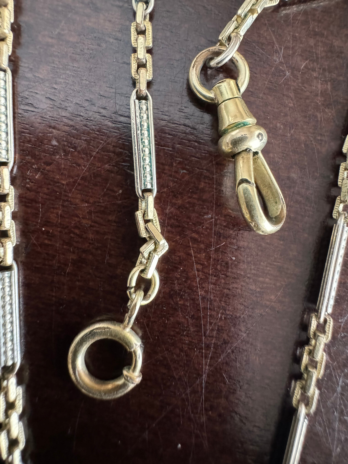VINTAGE 15.5 INCH SIMMONS POCKET WATCH CHAIN, GREEN & WHITE GOLD FILLED, NICE