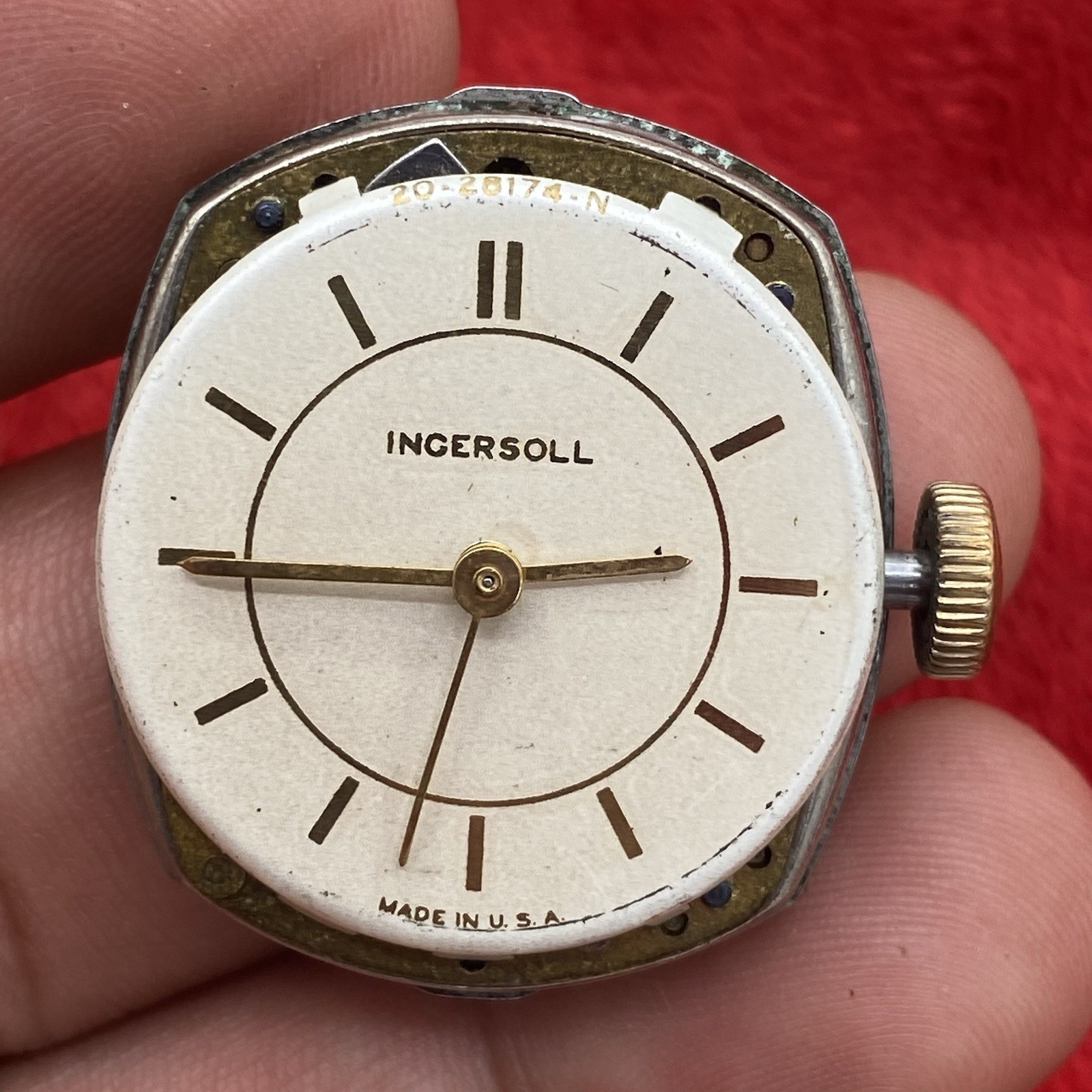Antique Ingersoll watch movement w dial and hands for parts or repair Made USA