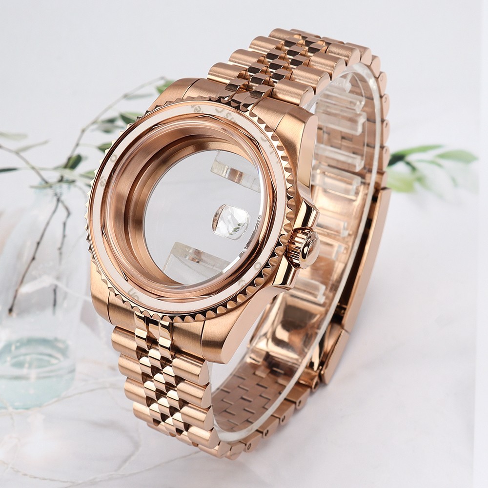 FEIYASHI Luminous Bezel Oyster 40mm Watch Case Rose Gold For Seiko NH35 Movement