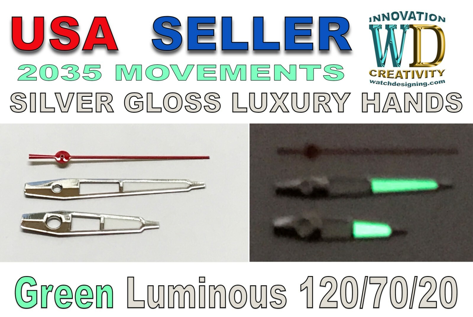 Luminous Watch hands 2035 Movements parts Lume green NEW SILVER120/70/20 Red se