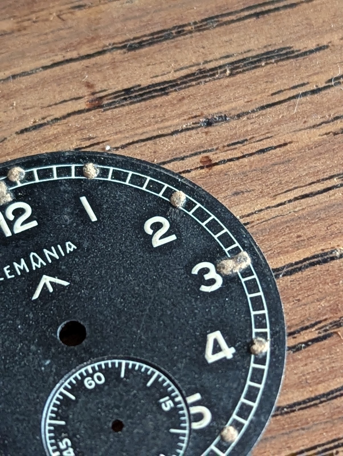 WWII Lemania Dirty Dozen Watch Dial, Excellent Condition, All Original #P672