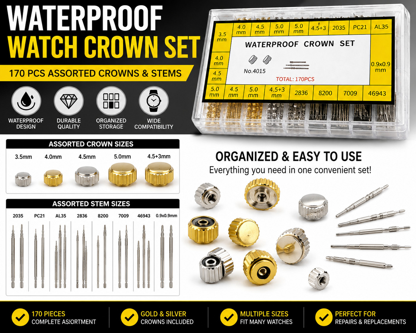 170PCS Waterproof Watch Crown & Stem Repair Kit Assorted Sizes Gold Silver Parts