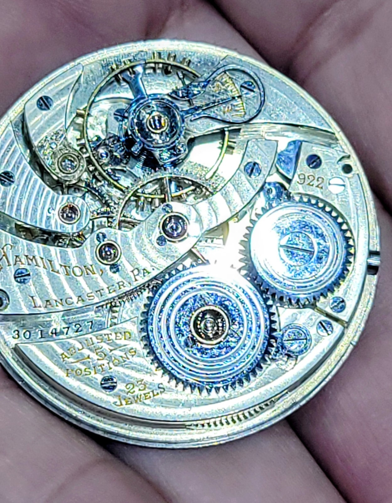 Hamilton 922 Pocket Watch Movement & Dial 12S 23 Jewel For Parts SN 3014727