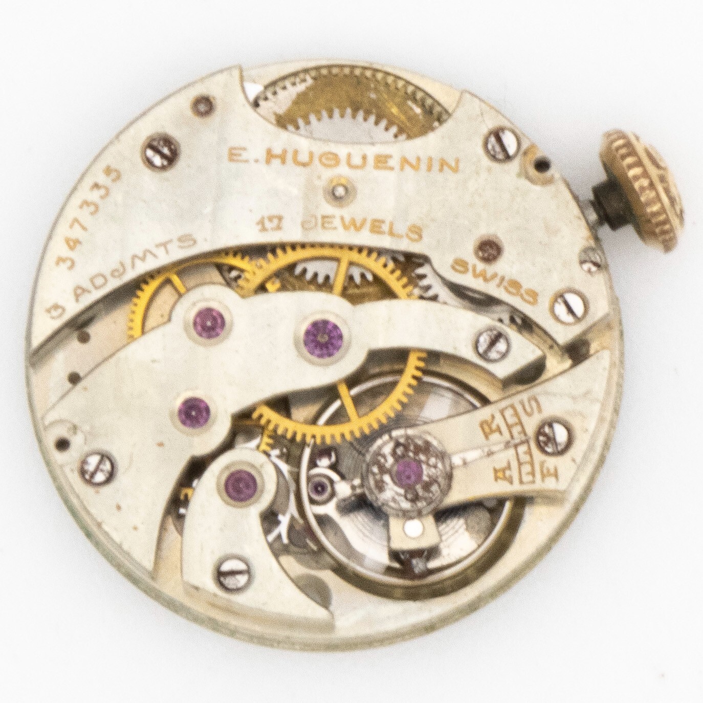 Partial Vintage E. Huguenin High Grade Swiss Wristwatch Movement w/Fancy Crown