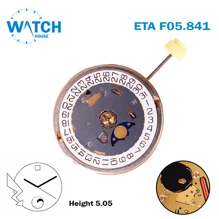 ETA F05.841 Swiss Movement-3 Hands-White Date Disk At 3-Height:5.05mm-Moon Phase