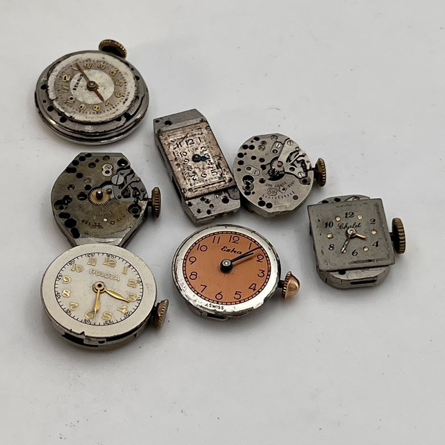 Vintage Lot Of 7 Mechanical Watch Movements For Repair Bulova Grant Steampunk