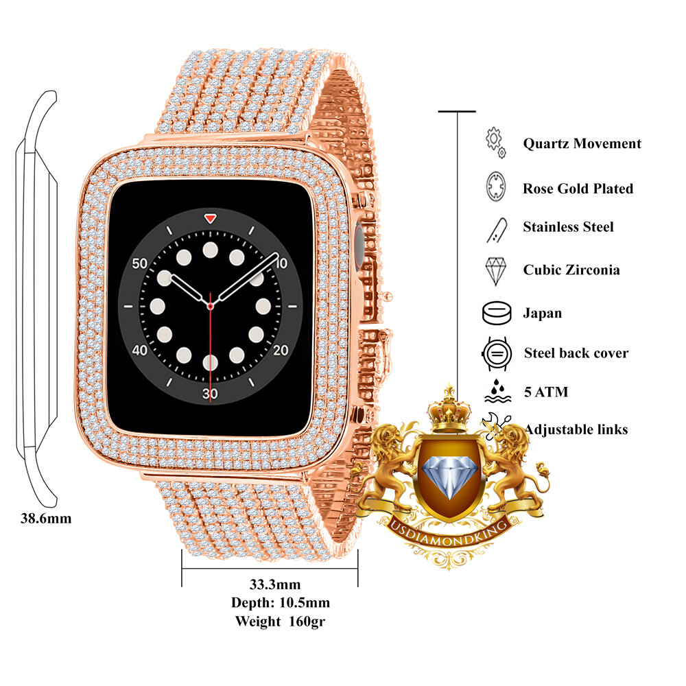 Rose Gold Finish Apple Watch Custom Pave Bezel & Band Combo Set 44mm Fit # 4,5,6